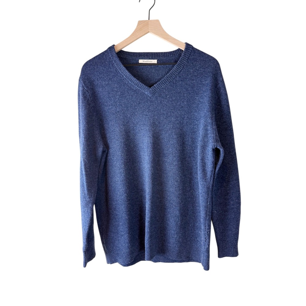 WoolOvers Mens Blue 100% Lambswool V-Neck Sweater Size L L2MA Fine Knit Pullover